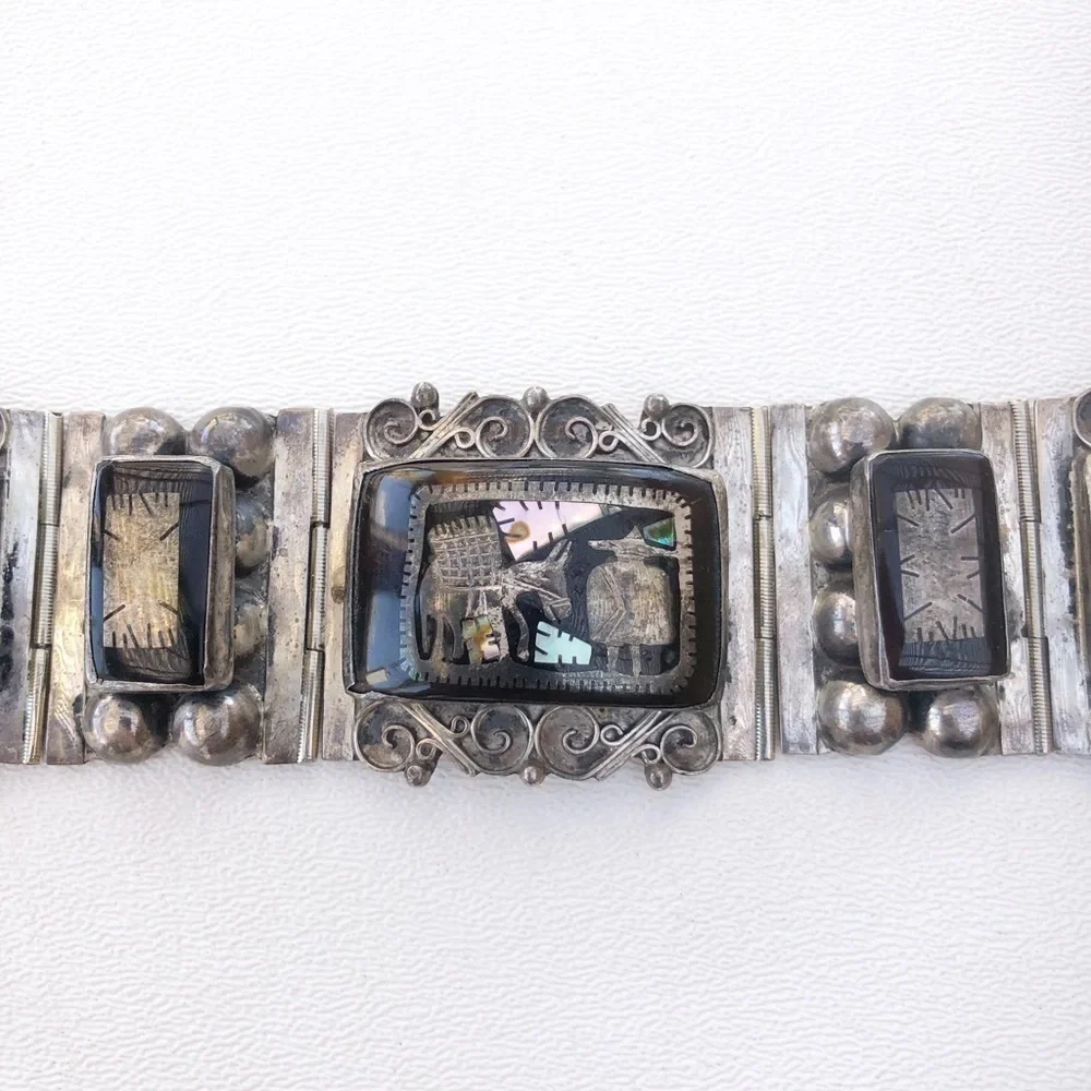 Vintage Mexico Sterling Inlay Panel Bracelet